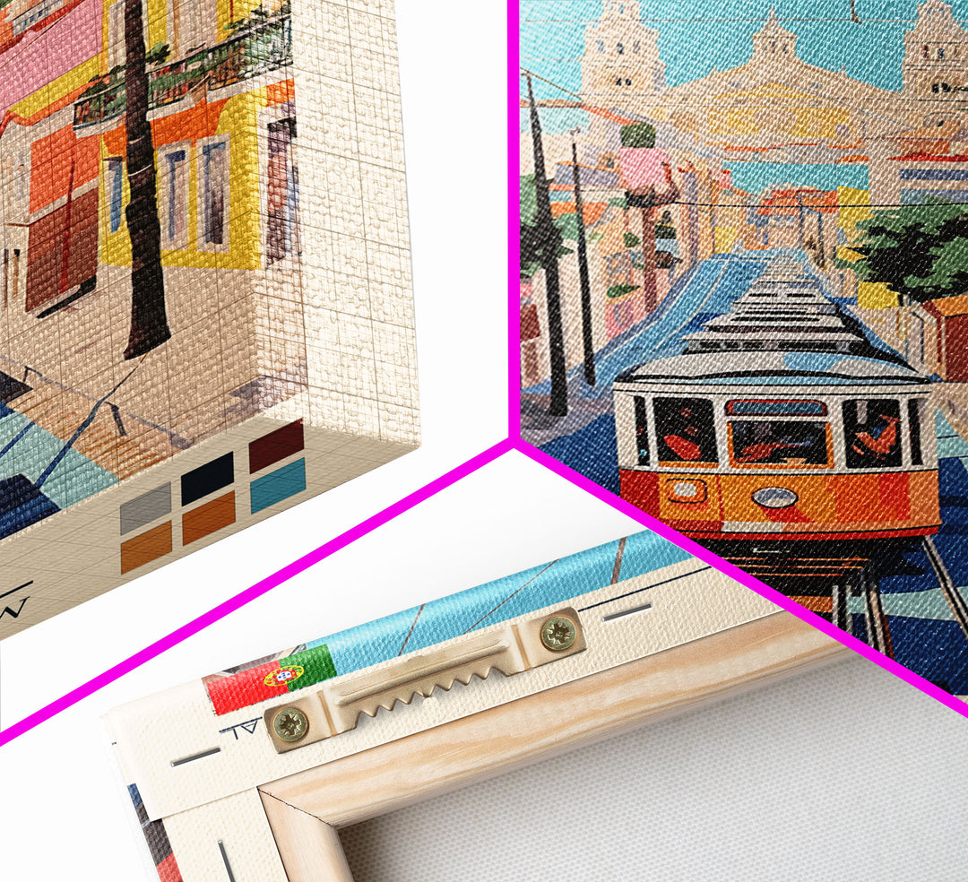 Lisbon Portugal Travel Poster Framed Canvas Print, Midcentury Modern Art, Pop Art Wall Decor, Scenic Art, Living Room and Office Gift