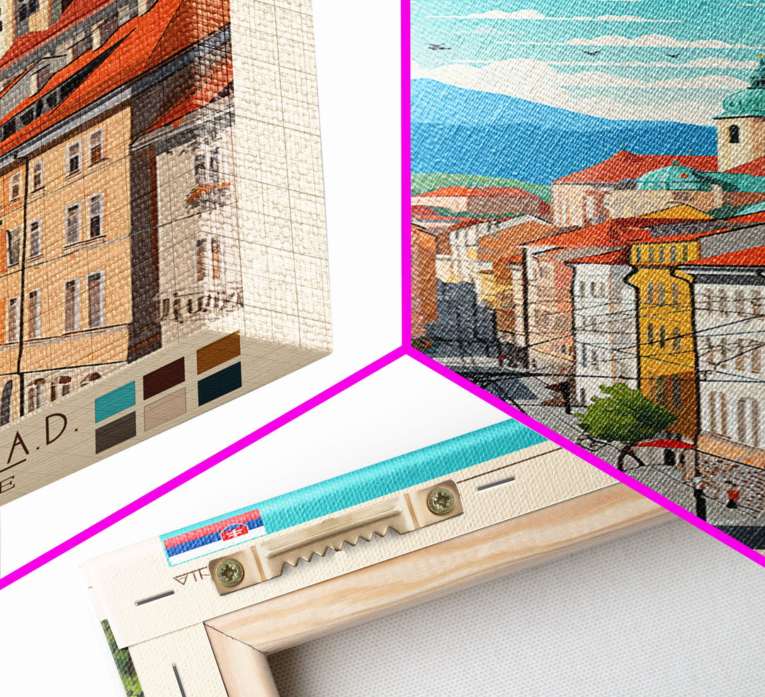 Ljubljana Slovenia Travel Poster Framed Canvas Print, Wall Decor, Midcentury Modern Art, Pop Art, Scenic Art for Bedroom and Living Room