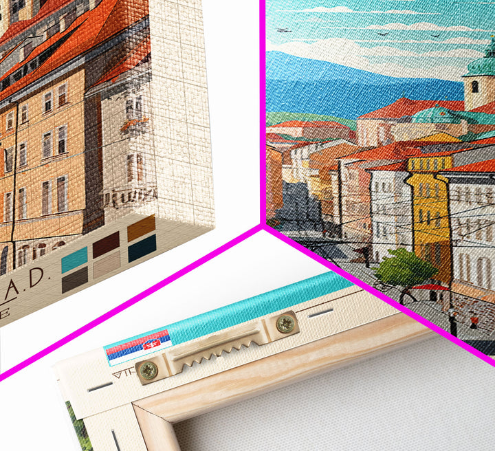 Ljubljana Slovenia Travel Poster Framed Canvas Print, Wall Decor, Midcentury Modern Art, Pop Art, Scenic Art for Bedroom and Living Room