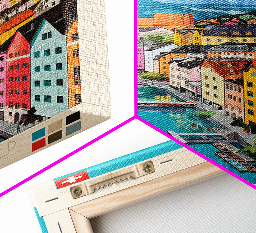 Lucerne Switzerland Travel Poster Framed Canvas Print, Midcentury Modern Art, Pop Art Wall Decor, Scenic Art, Living Room and Office Gift