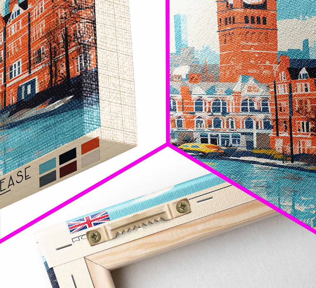 Manchester United Kingdom Travel Poster Framed Canvas Print, Midcentury Modern Art, Pop Art Wall Decor, Scenic Wall Art, Living Room Decoration, Office Art