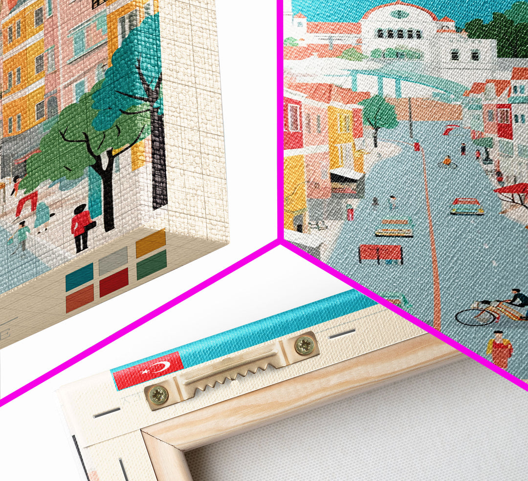 Manisa Turkey Travel Poster Framed Canvas Print, Midcentury Modern Art, Pop Art Wall Decor, Scenic Bedroom Art, Office Decoration