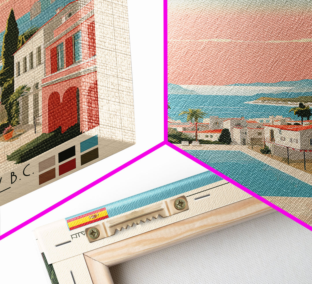 Marbella Spain Travel Poster Framed Canvas Print, Midcentury Modern Art, Pop Art Wall Decor, Scenic Living Room Art, Bedroom Decor