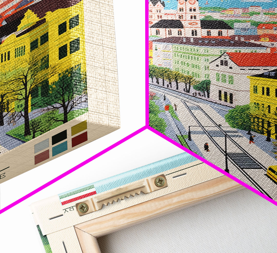 Miskolc Hungary Travel Poster Framed Canvas Print, Midcentury Modern Art, Pop Art Wall Decor, Scenic Living Room Art, Bedroom Decor