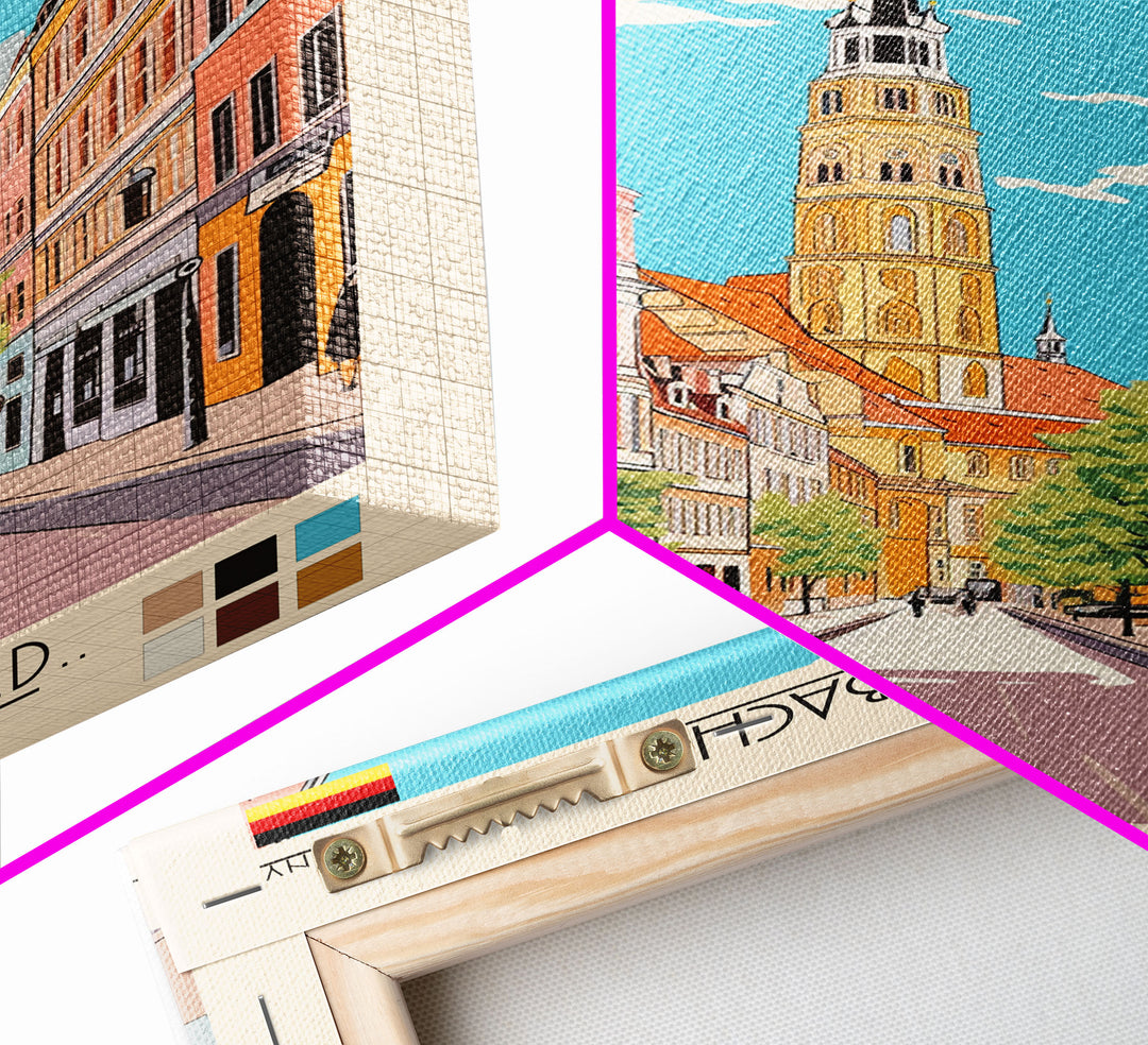 Mönchengladbach Germany Travel Poster Framed Canvas Print, Midcentury Modern Art, Pop Art Wall Decor, Scenic Living Room Art, Bedroom Gift