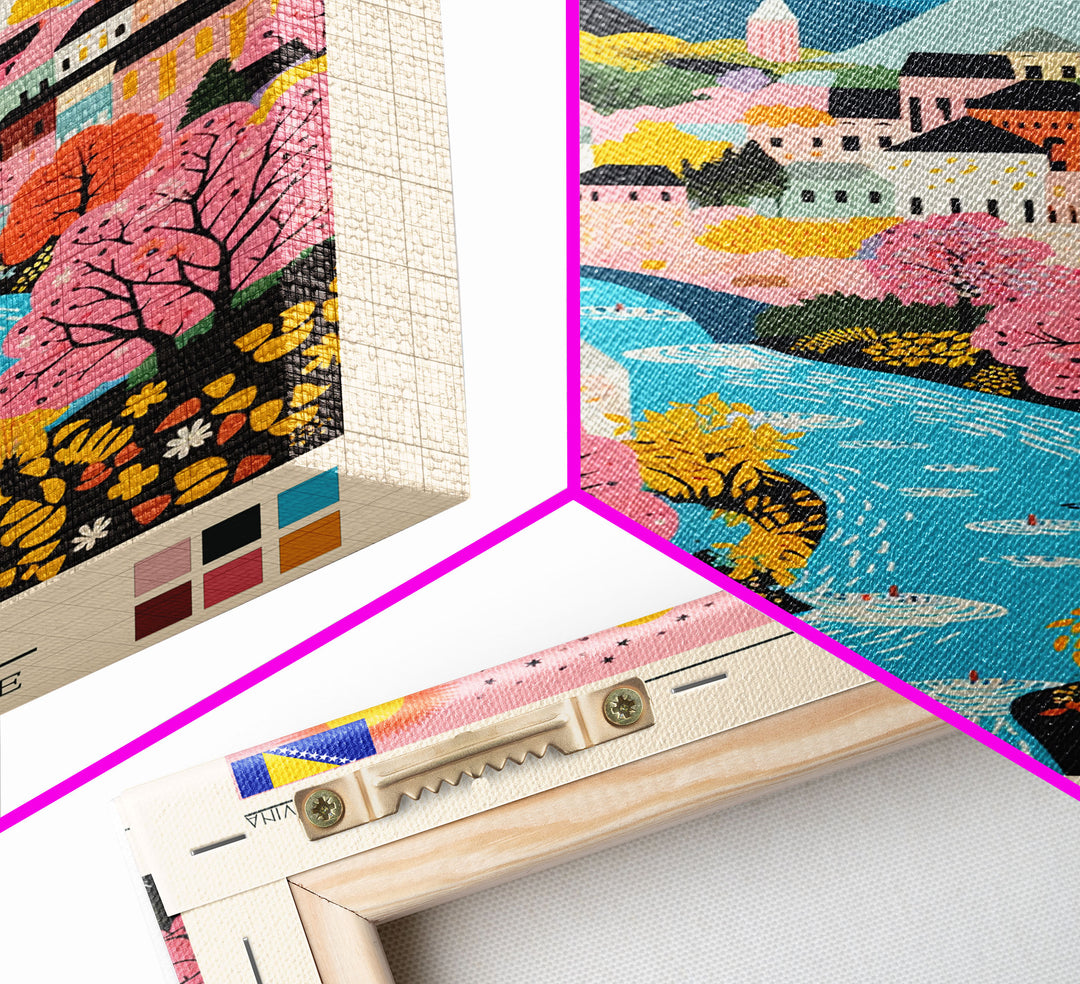 Mostar Bosnia and Herzegovina Travel Poster Framed Canvas Print, Midcentury Modern Art, Pop Art Wall Decor, Home Decor, Vacation Gift, Bedroom Art