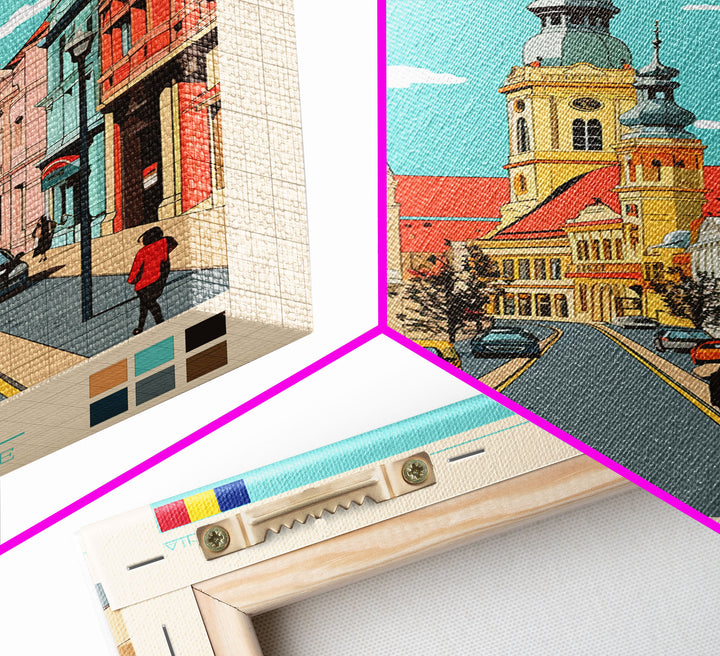 Oradea Romania Travel Poster Framed Canvas Print, Midcentury Modern Art, Pop Art Wall Decor, Scenic Bedroom Art, Office Decoration