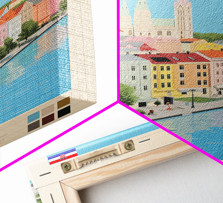 Osijek Croatia Travel Poster Framed Canvas Print, Midcentury Modern Art, Pop Art Wall Decor, Home Decor, Vacation Gift, Office Art