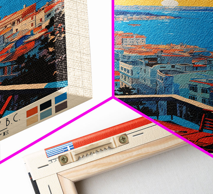 Piraeus Greece Travel Poster Framed Canvas Print, Midcentury Modern Art, Pop Art Wall Decor, Scenic Wall Art, Living Room Decoration, Office Art