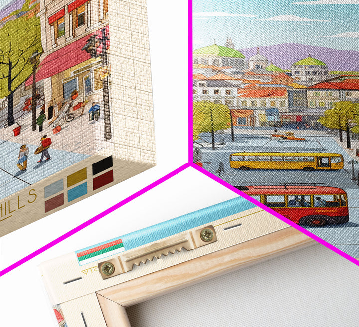 Plovdiv Bulgaria Travel Poster Framed Canvas Print, Midcentury Modern Art, Pop Art Wall Decor, Living Room Art, Home Decoration