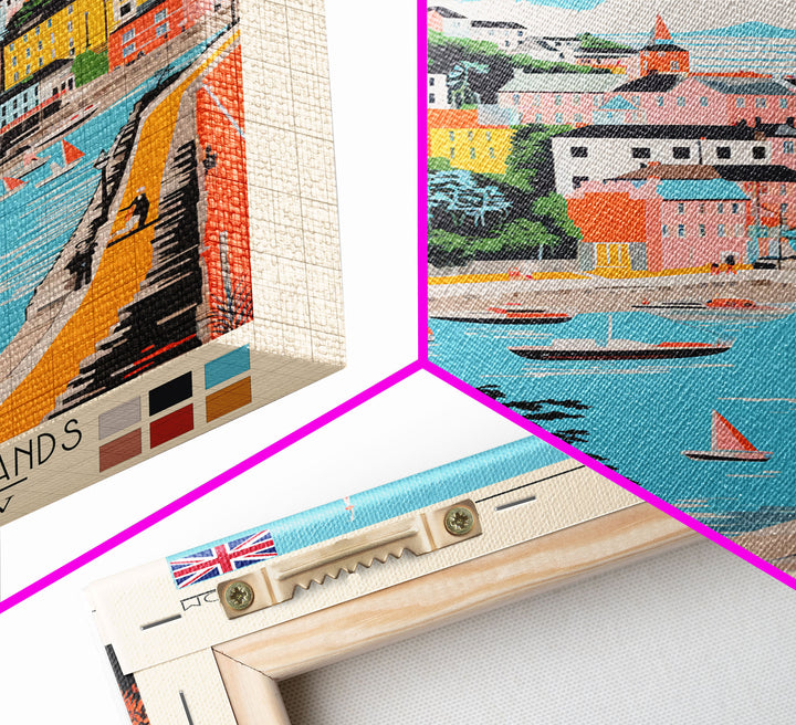 Plymouth United Kingdom Travel Poster Framed Canvas Print, Midcentury Modern Art, Pop Art Wall Decor, Scenic Bedroom Art, Office Decoration