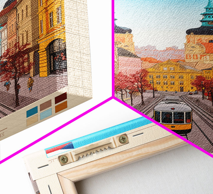 Plzeň Czech Republic Travel Poster Framed Canvas Print, Midcentury Modern Art, Pop Art Wall Decor, Scenic Living Room Art, Bedroom Decor