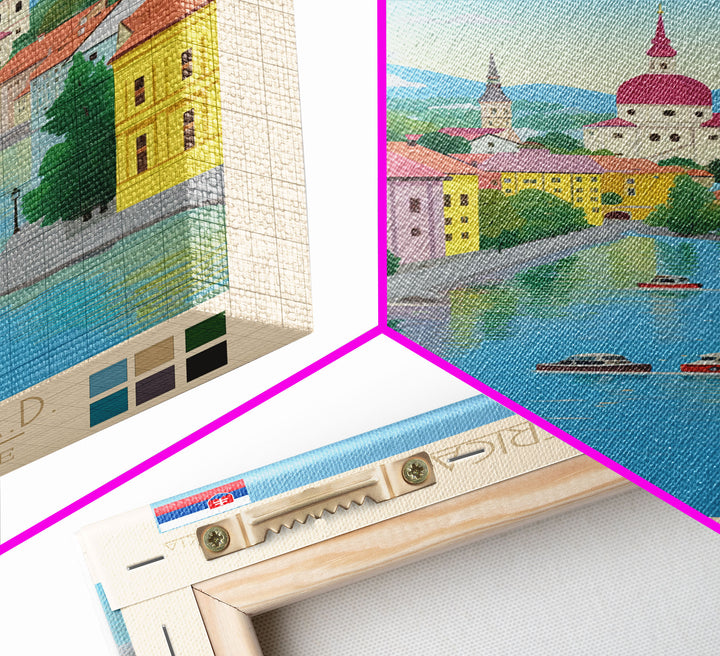 Považská Bystrica Slovakia Travel Poster Framed Canvas Print, Midcentury Modern Art, Pop Art Wall Decor, Scenic Wall Art, Living Room Decoration, Office Art