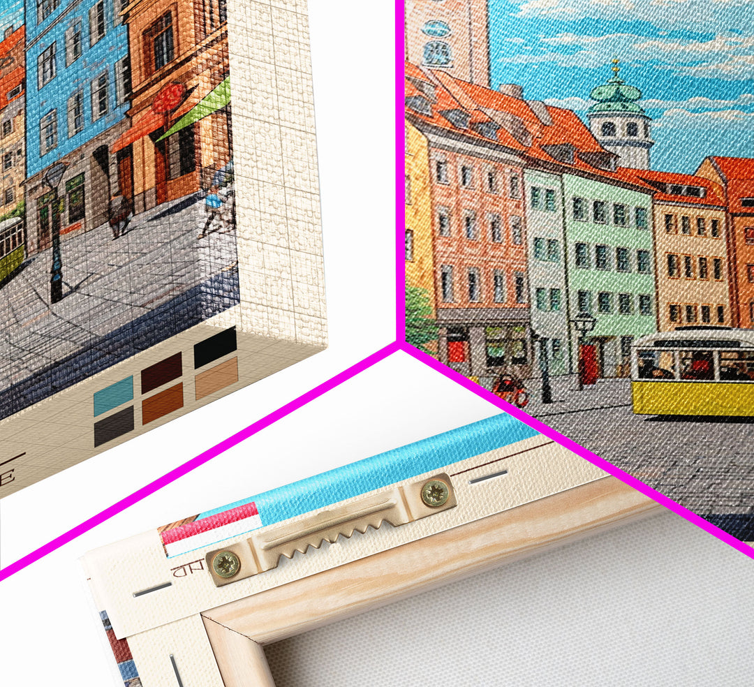 Poznań Poland Travel Poster Framed Canvas Print, Midcentury Modern Art, Pop Art Wall Decor, Scenic Bedroom Art, Office Decoration