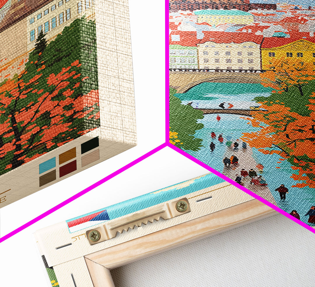 Prague Czech Republic Travel Poster Framed Canvas Print, Vintage Style, Pop Art Home Decor, Scenic Wall Art, Bedroom Decoration, Office Gift