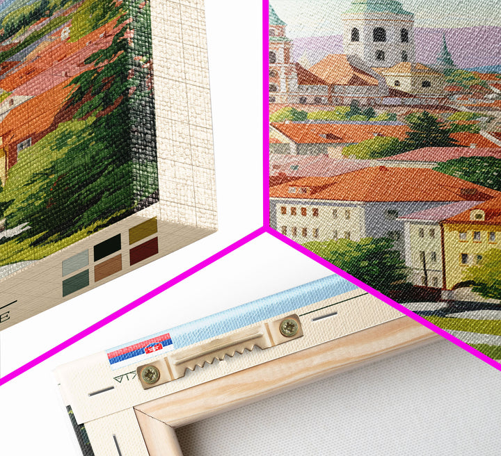 Prešov Slovakia Travel Poster Framed Canvas Print, Midcentury Modern Art, Pop Art Wall Decor, Scenic Living Room Art, Bedroom Gift