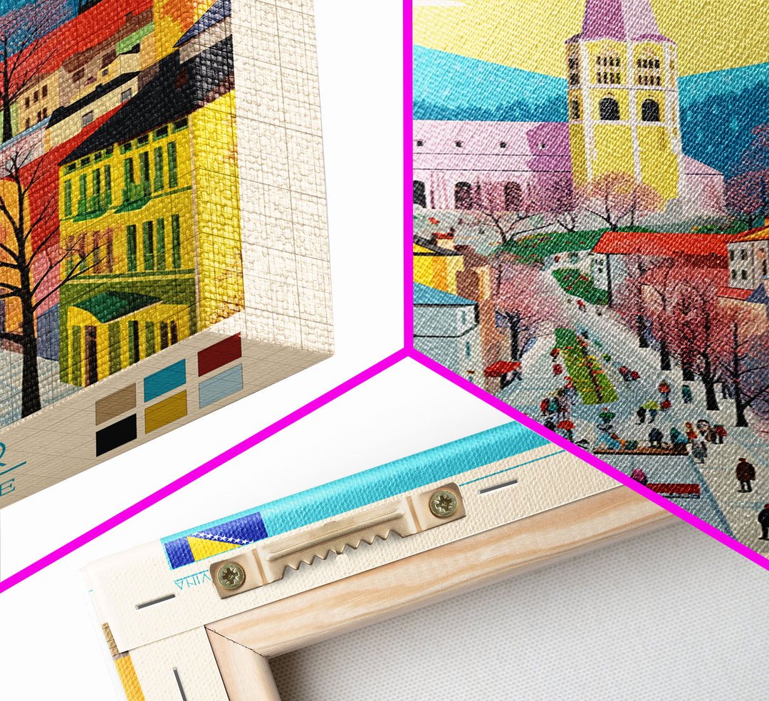 Prijedor Bosnia and Herzegovina Travel Poster Framed Canvas Print, Midcentury Modern Art, Pop Art Wall Decor, Home Decor, Vacation Gift, Bedroom Art