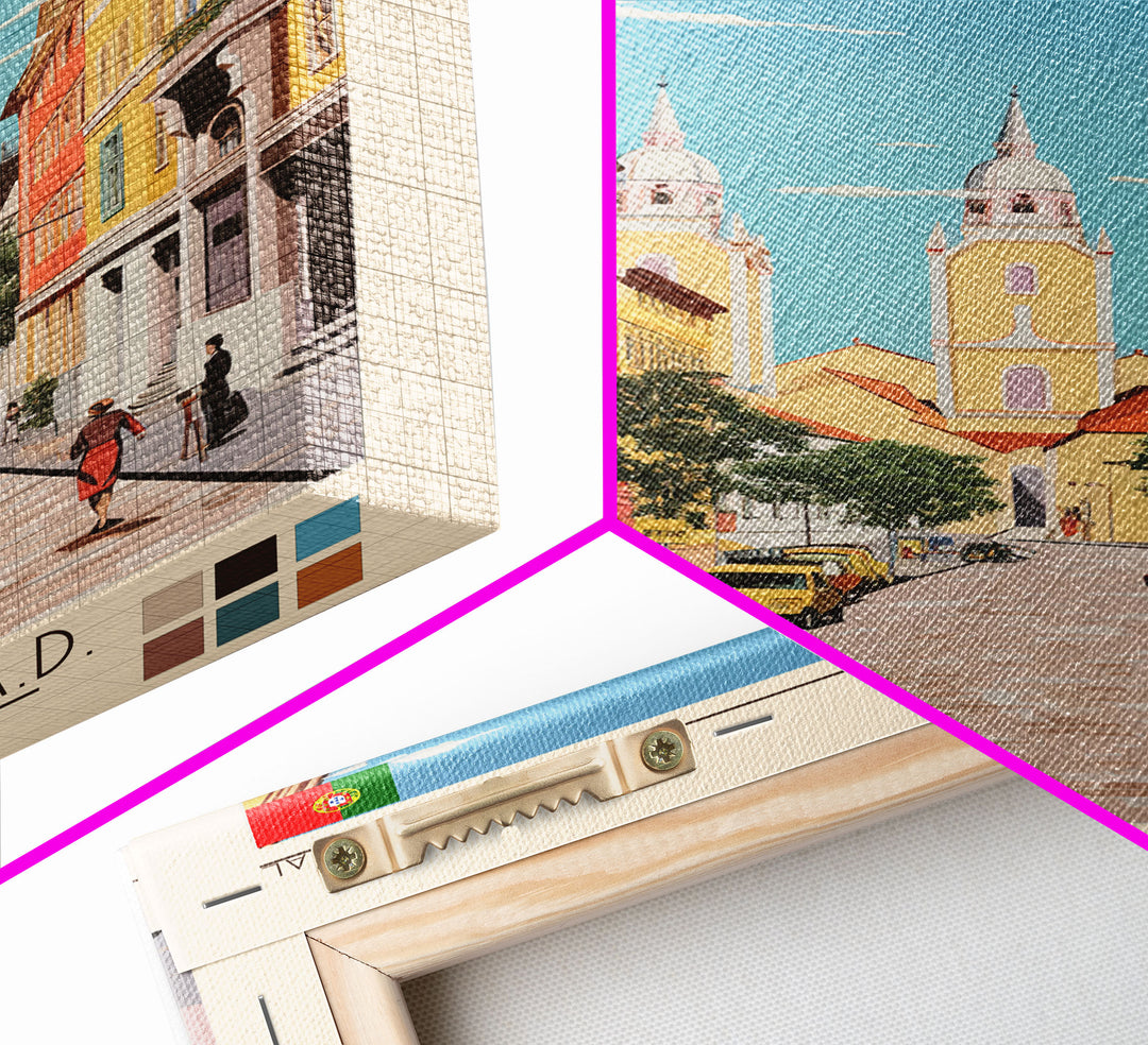 Queluz Portugal Travel Poster Framed Canvas Print, Midcentury Modern Art, Pop Art Wall Decor, Scenic Bedroom Art, Office Decoration