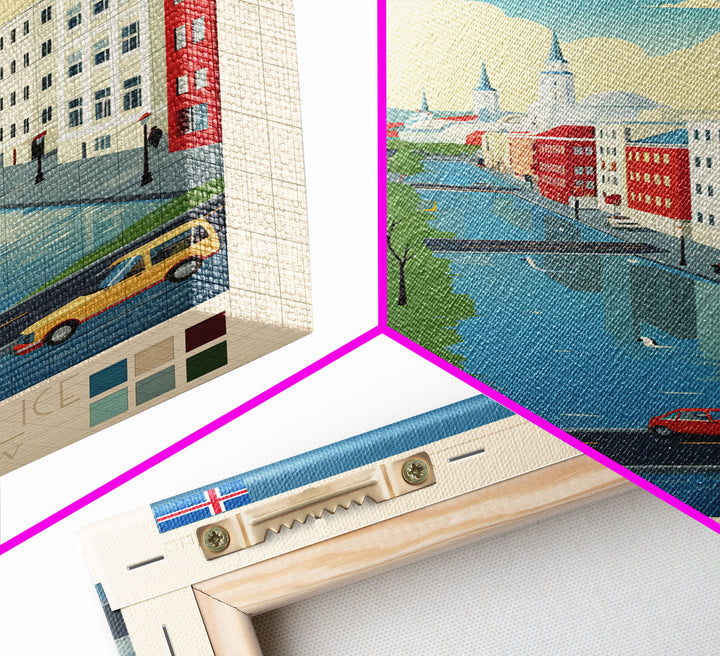 Reykjavik Iceland Travel Poster Framed Canvas Print, Midcentury Modern Art, Pop Art Wall Decor, Scenic Wall Art, Bedroom Decoration