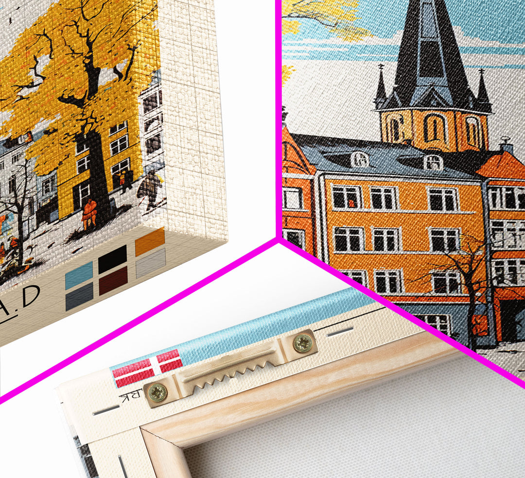 Roskilde Denmark Travel Poster Framed Canvas Print, Midcentury Modern Art, Pop Art Wall Decor, Scenic Living Room Art, Bedroom Gift