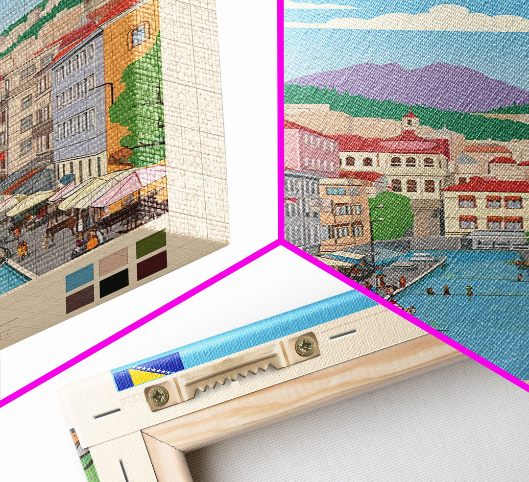 Sarajevo Bosnia and Herzegovina Travel Poster Framed Canvas Print, Midcentury Modern Art, Pop Art Wall Decor, Home Decor, Office Decoration