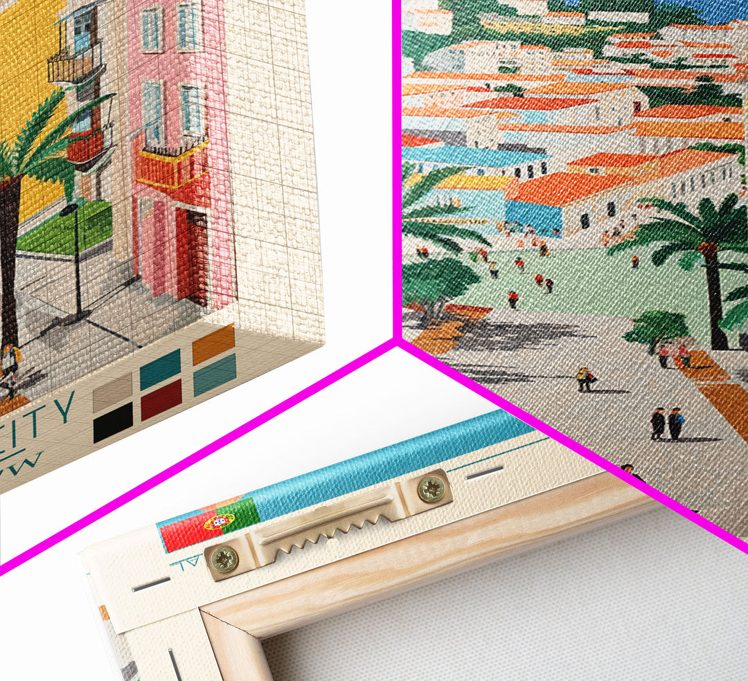 Setúbal Portugal Travel Poster Framed Canvas Print, Midcentury Modern Art, Pop Art Wall Decor, Scenic Wall Art, Office Decoration