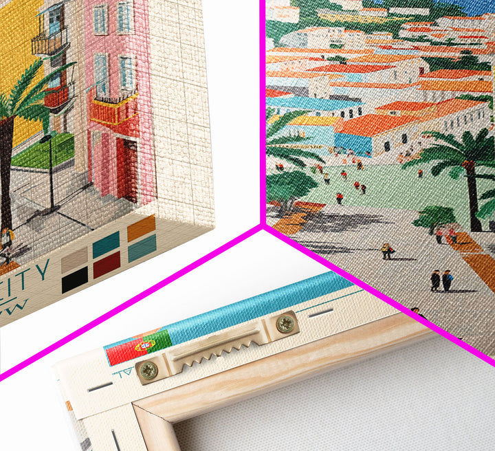 Setúbal Portugal Travel Poster Framed Canvas Print, Midcentury Modern Art, Pop Art Wall Decor, Scenic Wall Art, Office Decoration