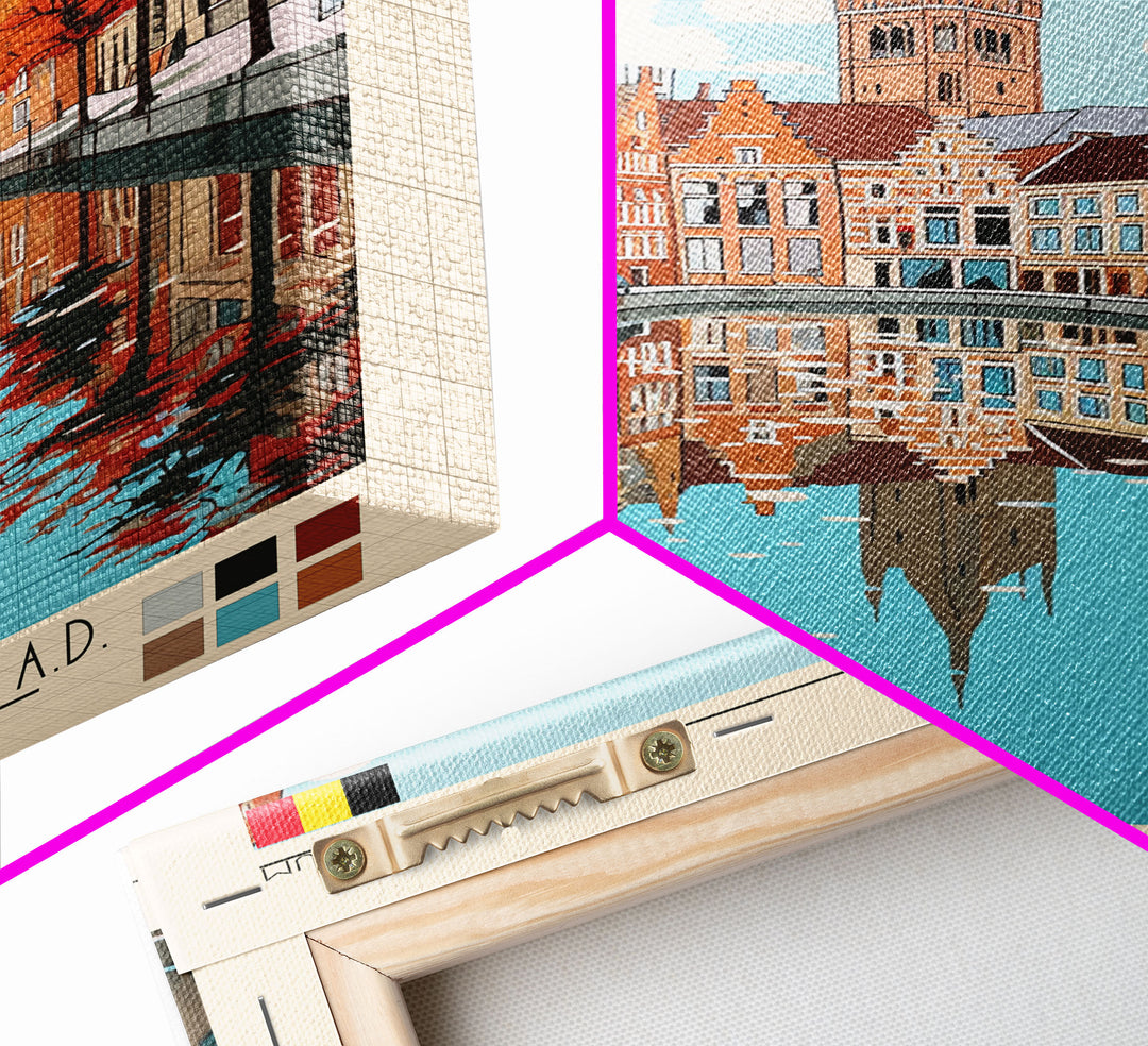 Sint-Niklaas Belgium Travel Poster Framed Canvas Print, Midcentury Modern Art, Pop Art Wall Decor, Scenic Wall Art, Bedroom Decoration