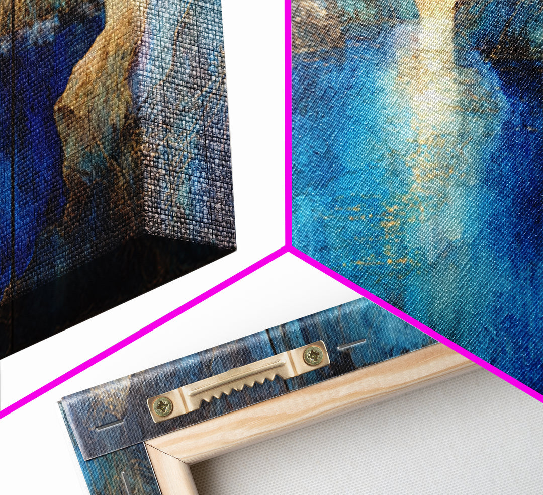 Crystal Cave with Luminous Blue Reflections Canvas Print, Fantasy Art, Art Print, Living Room Decor, Oil Painting, Mythic, FAN-3x1-70