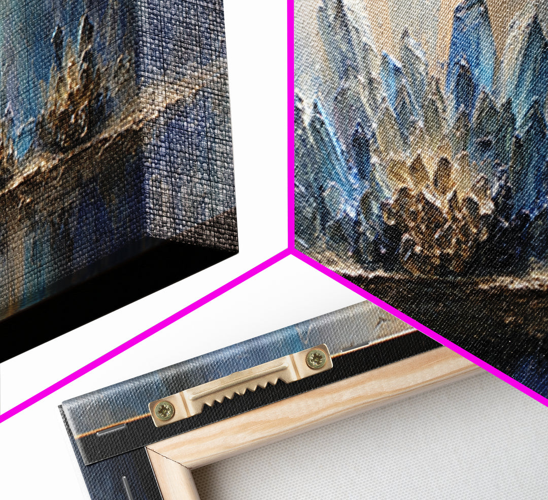 Mythic Waterfall Guarded by White Wolves Canvas Print, Fantasy Art, Minimalist Decor, Living Room Decor, Oil Painting, Mythic, FAN-3x1-88
