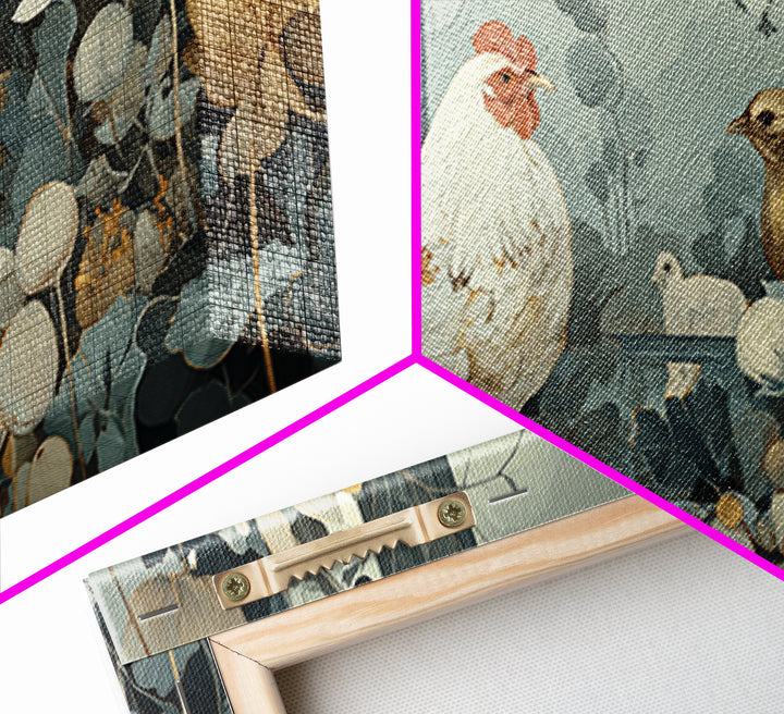 Chicken Family in a Garden Patch Framed Canvas Print, Farmhouse Art, Sage Green Wall Art, Farmhouse Decor, Fine Art, Harvest, FAR-2x1-11