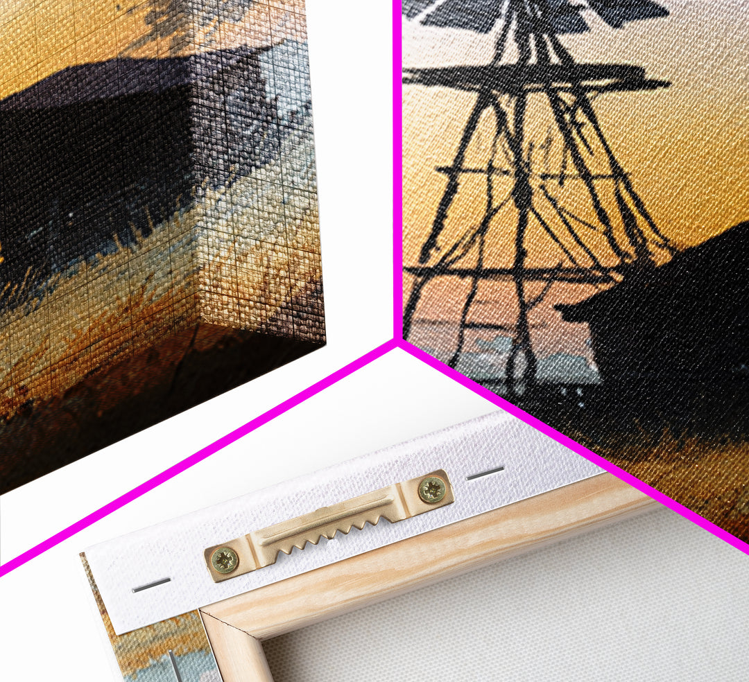 Windmill Silhouette at Sunset Framed Canvas Print, Farmhouse Art, Printable Art, Farmhouse Decor, Harvest, Landscape Painting, FAR-2x3-73