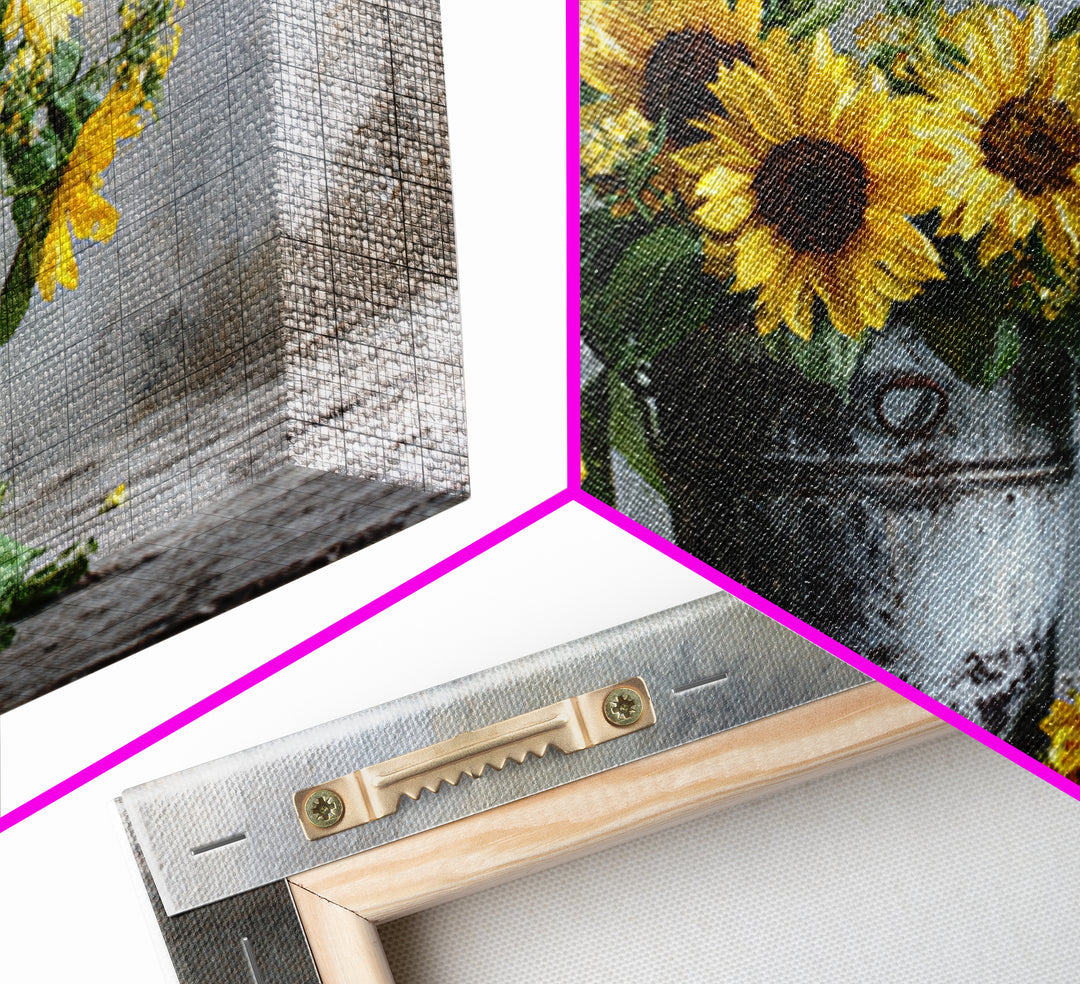 Sunflowers in a Galvanized Metal Bucket Framed Canvas Print, Farmhouse Art, Art, Farmhouse Decor, Watercolor Art, Harvest, FAR-3x2-55