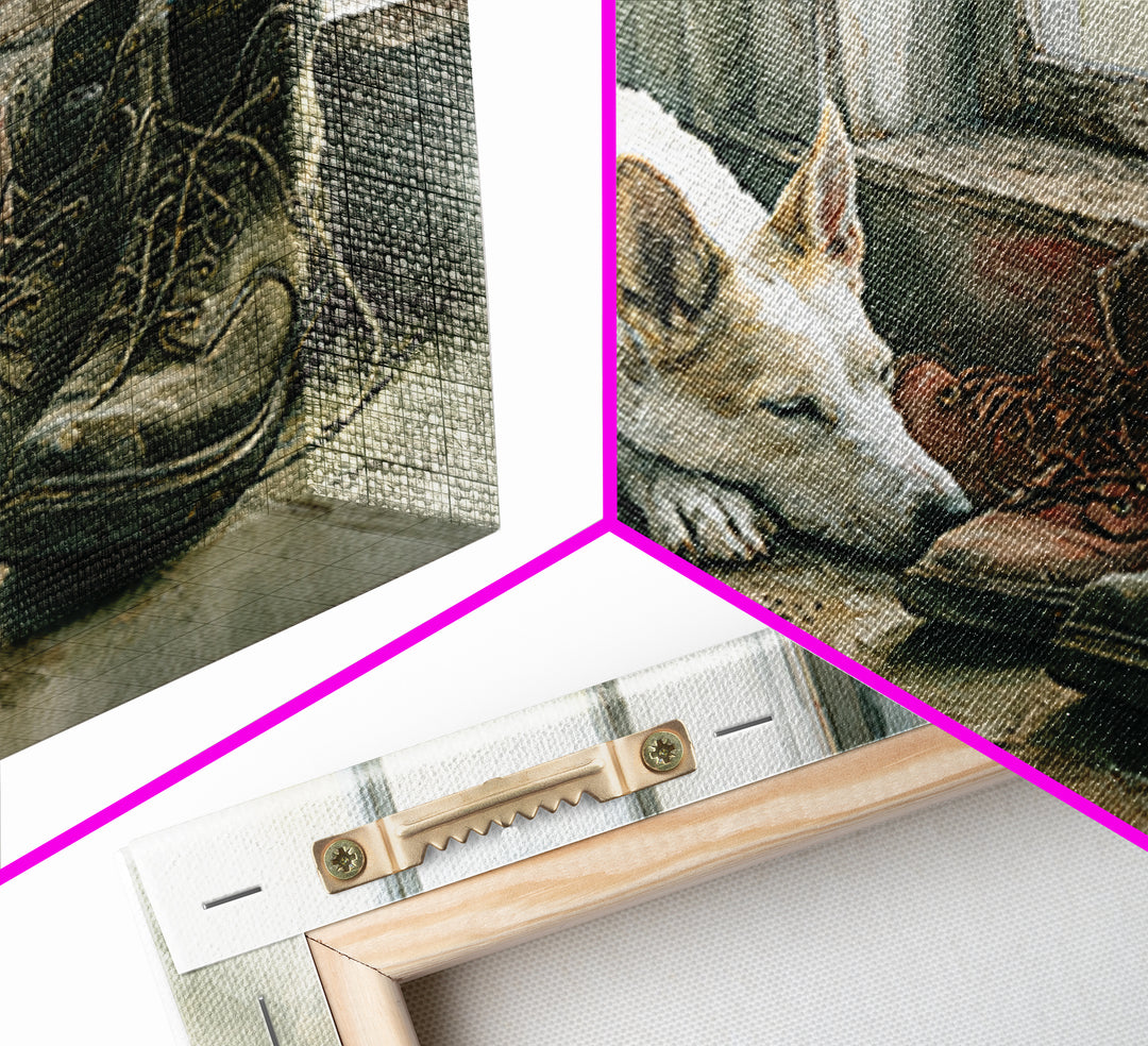 Farm Dog Lying Beside Weathered Boots Canvas Print, Farmhouse Art, Farmhouse Wall Decor, Farmhouse Decor, Oil Painting, Harvest, FAR-3x2-61