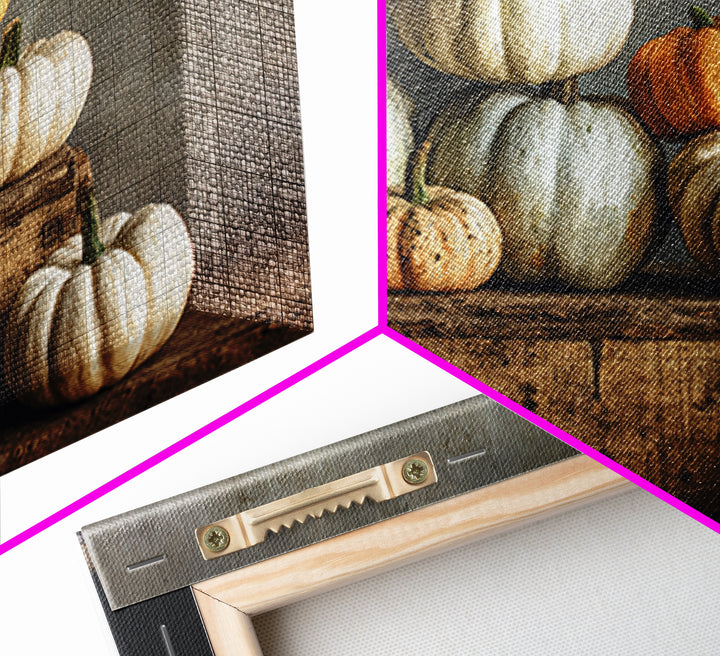 Pumpkins Stacked on a Wooden Crate Framed Canvas Print, Farmhouse Art, Botanical Prints, Farmhouse Decor, Watercolor Art, FAR-3x2-65
