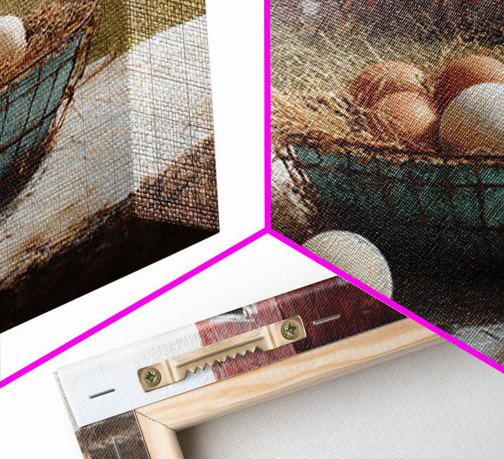 Fresh Eggs in a Wire Basket Framed Canvas Print, Farmhouse Art, Floral Wall Art, Farmhouse Decor, Oil Painting, Harvest, FAR-3x2-82