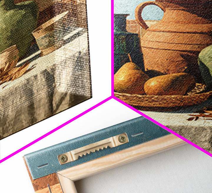 Pear Still Life on Linen Tablecloth Framed Canvas Print, French Country Art, Above Bed Art, Farmhouse Decor, Abstract Art, FCA-1x1-100