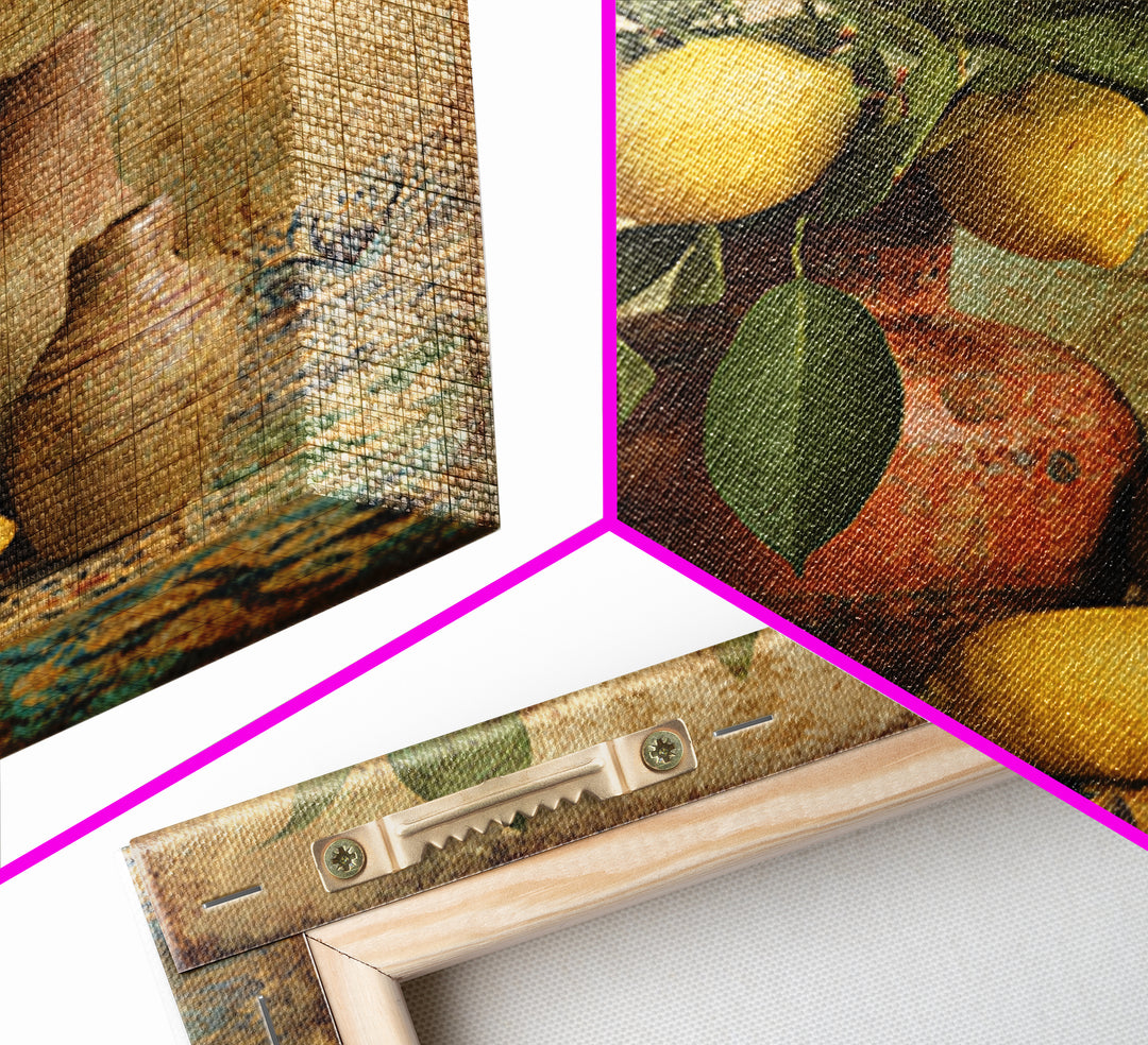 Aged Botanical Plate of Lemons and Leaves Framed Canvas Print, French Country Art, Digital Art, Farmhouse Decor, Oil Painting, FCA-1x1-12