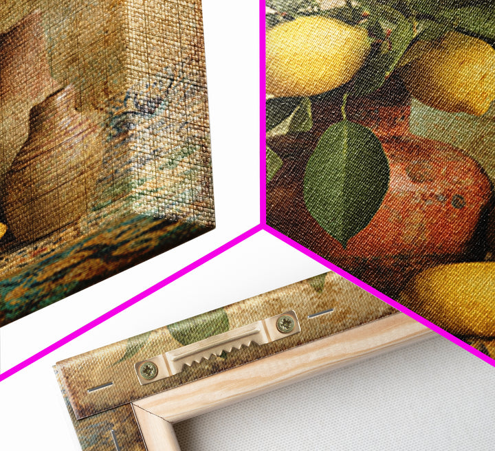 Aged Botanical Plate of Lemons and Leaves Framed Canvas Print, French Country Art, Digital Art, Farmhouse Decor, Oil Painting, FCA-1x1-12