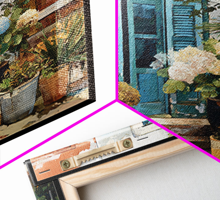 Soft Hydrangeas Beside Antique Shutters Framed Canvas Print, French Country Art, Home Decor, Farmhouse Decor, Fine Art, Country, FCA-1x1-32