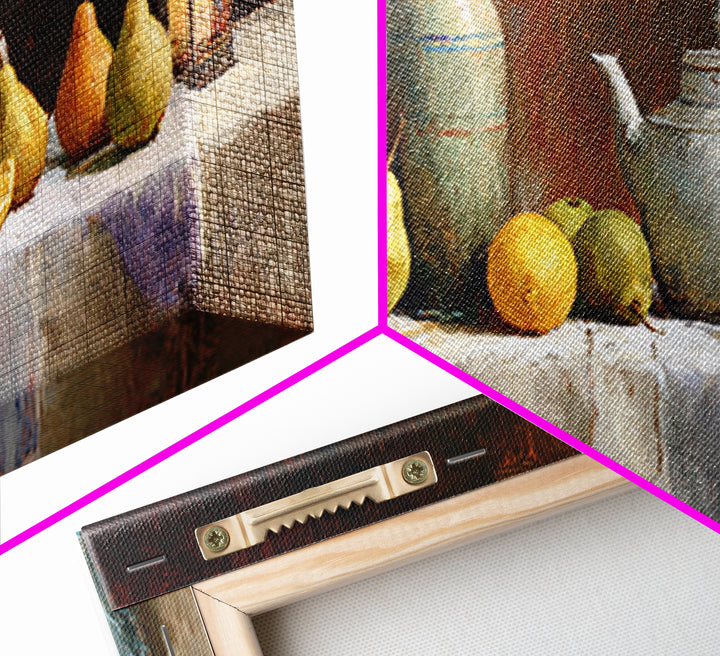Pear Still Life on Linen Tablecloth Framed Canvas Print, French Country Art, Room Decor, Farmhouse Decor, Fine Art, Country, FCA-2x1-24