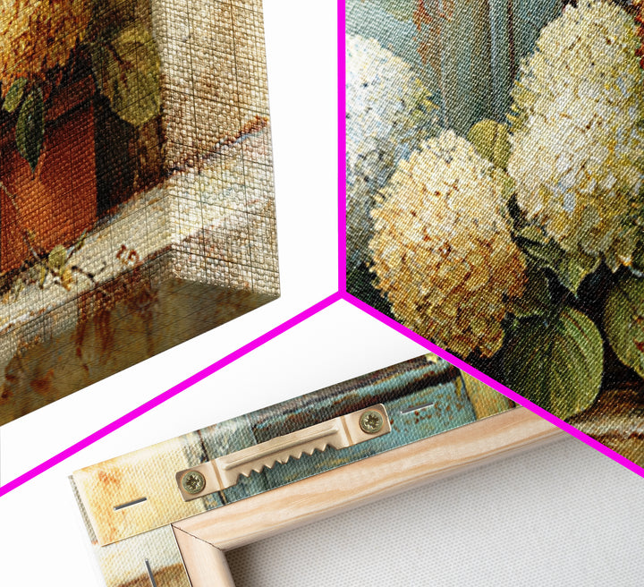 Soft Hydrangeas Beside Antique Shutters Framed Canvas Print, French Country Art, Textured Painting, Farmhouse Decor, Country, FCA-2x1-28