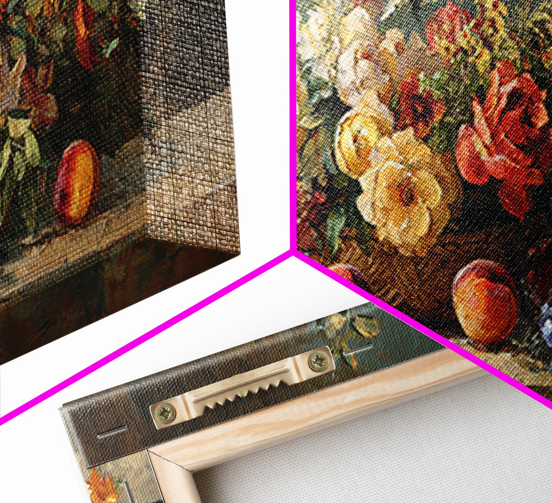 Basket of Fresh Peaches and Wildflowers Framed Canvas Print, French Country Art, Contemporary Art, Farmhouse Decor, Country, FCA-2x1-40