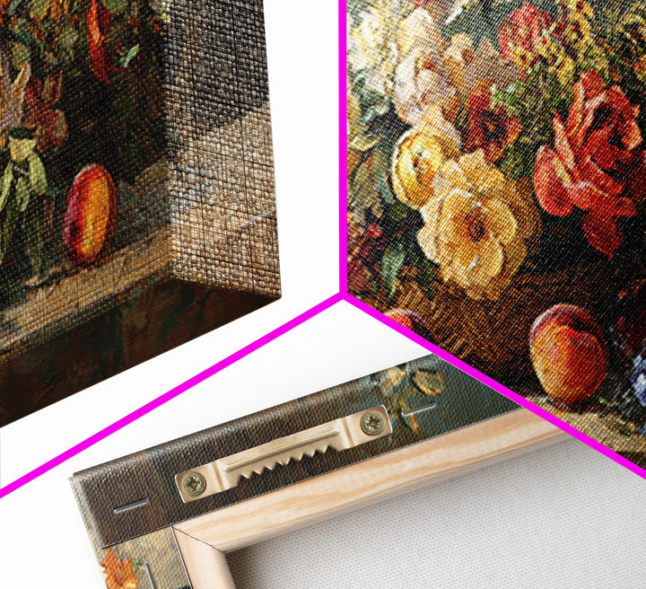 Basket of Fresh Peaches and Wildflowers Framed Canvas Print, French Country Art, Contemporary Art, Farmhouse Decor, Country, FCA-2x1-40
