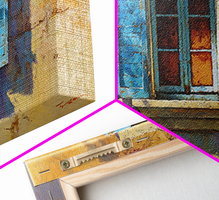 Weathered Window with Blue Shutters Framed Canvas Print, French Country Art, Boho Decor, Farmhouse Decor, Abstract Art, Country, FCA-2x1-65