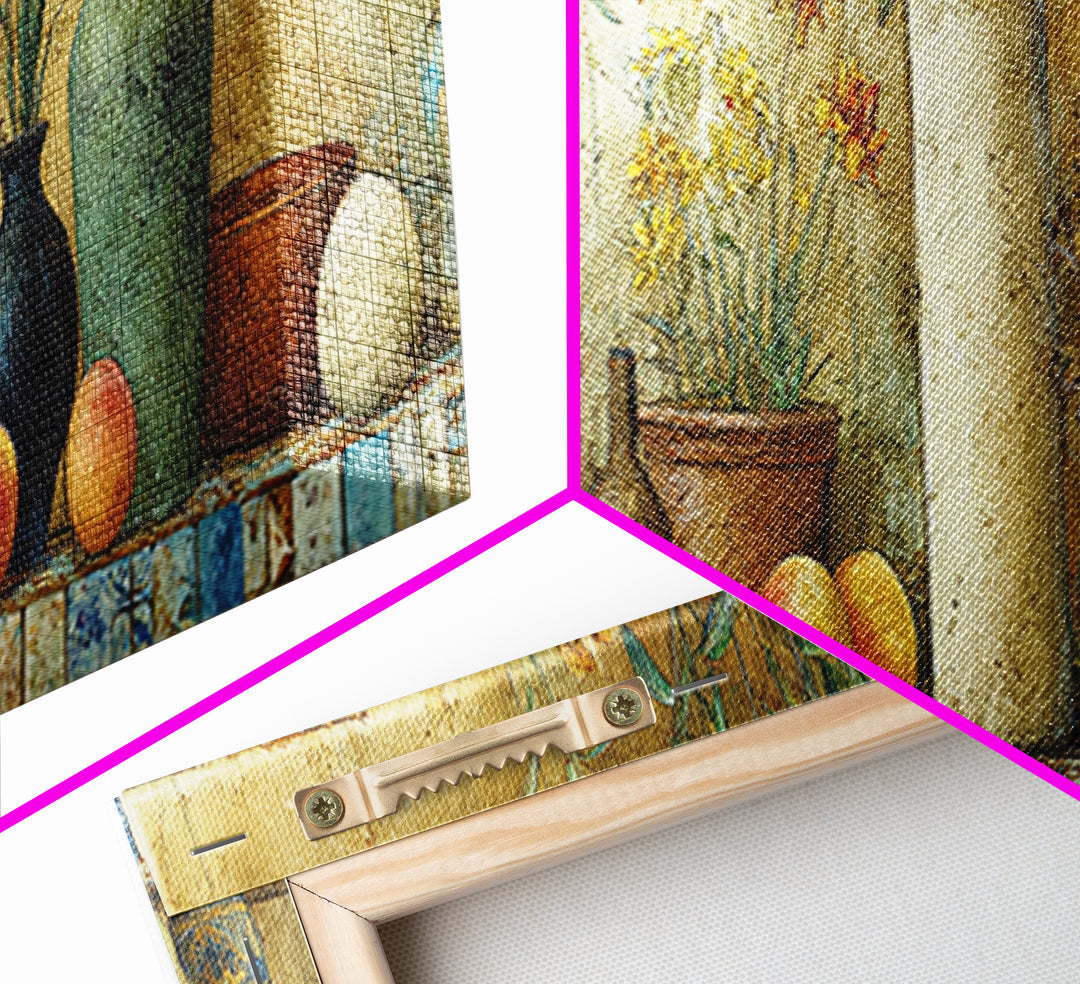 Basket of Fresh Peaches and Wildflowers Framed Canvas Print, French Country Art, Eclectic Wall Art, Farmhouse Decor, Country, FCA-3x1-12