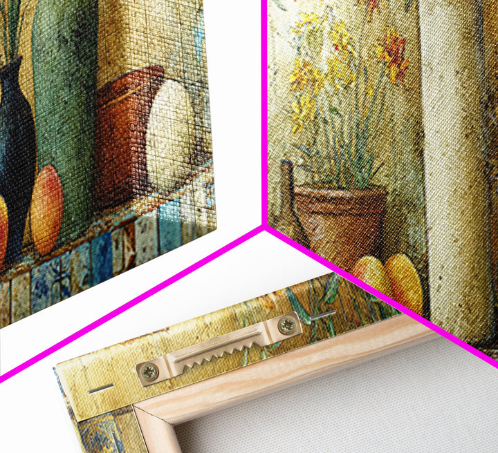 Basket of Fresh Peaches and Wildflowers Framed Canvas Print, French Country Art, Eclectic Wall Art, Farmhouse Decor, Country, FCA-3x1-12