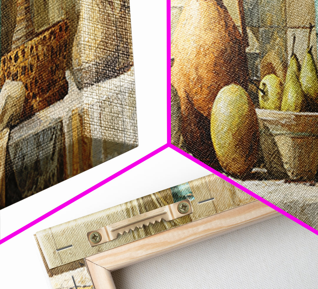 Pear Still Life on Linen Tablecloth Framed Canvas Print, French Country Art, Above Bed Art, Farmhouse Decor, Abstract Art, FCA-3x1-44