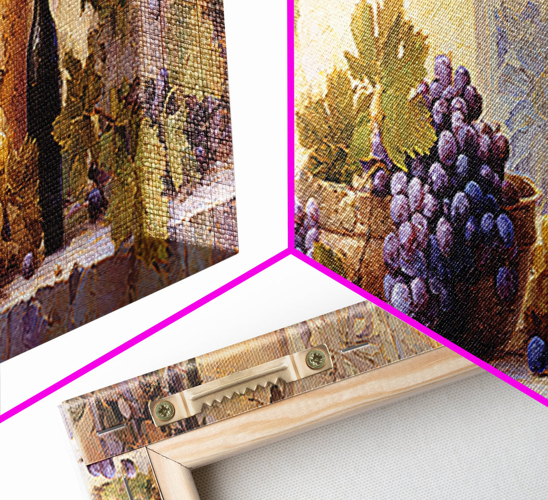 Grapes and Wine Still Life Canvas Print, French Country Art, Oil Painting, Farmhouse Decor, Abstract Art, Country, FCA-3x1-49
