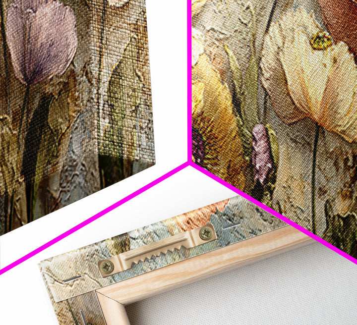 Poppies Beside a Stone Garden Wall Framed Canvas Print, French Country Art, Boho Decor, Farmhouse Decor, Oil Painting, Country, FCA-3x1-55
